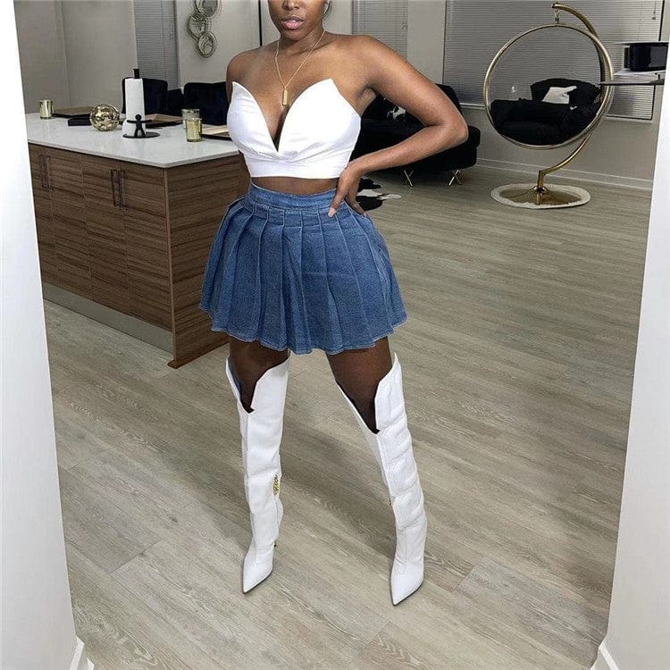 M / Dark blue Casual Denim Pleated Mini Skirt Women Solid Color a Line Jeans Summer Female Short Skirt