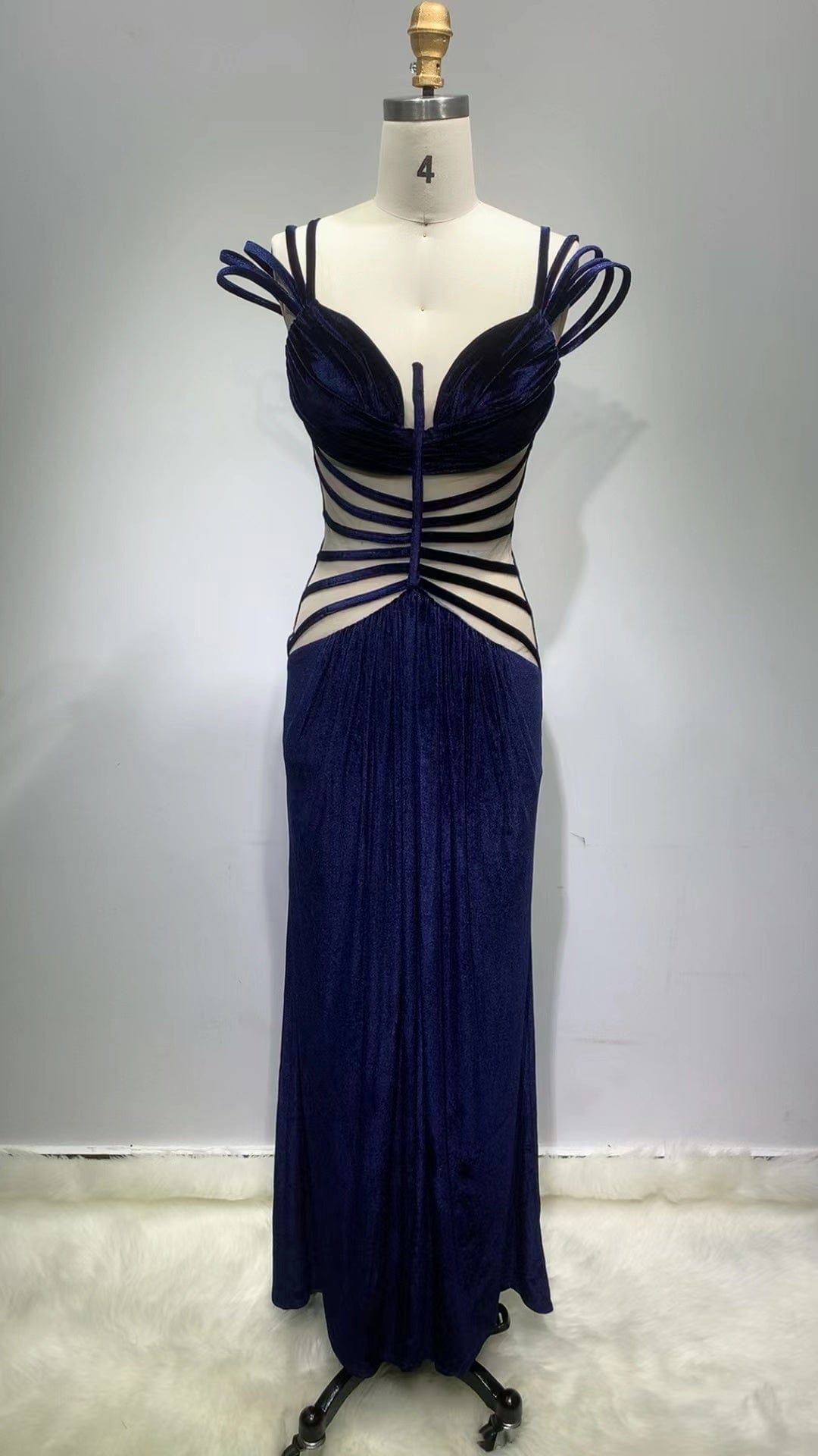 M / Dark blue ED2243 Kimshein Dropshipping High Quality Design Clothes Hole Mesh Velvet Evening Dress Women Evening