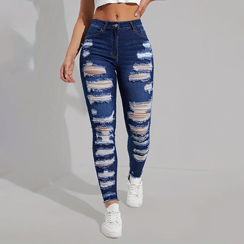 M / Dark blue OUDINA Trendy Wholesale Casual Vintage Denim Trousers Ladies Skinny Jean Pants Ripped Jeans Women
