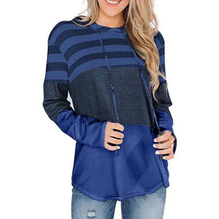 M / Dark blue Vintage Patchwork Women's Loose T-shirt Autumn Casual Long Sleeve Pullover Hooded T Shirts for Women