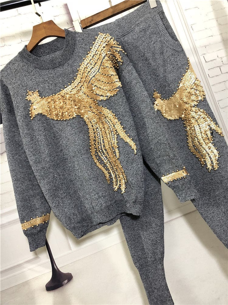 M / Dark Gray Autumn  New Women's European Station Sequin Bead Phoenix Long Sleeve Loose Knitted Shirt Pants Suit two piece set