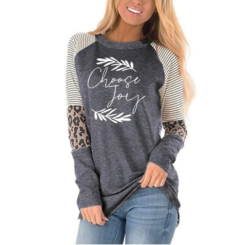 M / Dark Gray Autumn Winter Leopard stitching long sleeves high quality hotsell women loose casual blouse oversized Women's T-Shirts