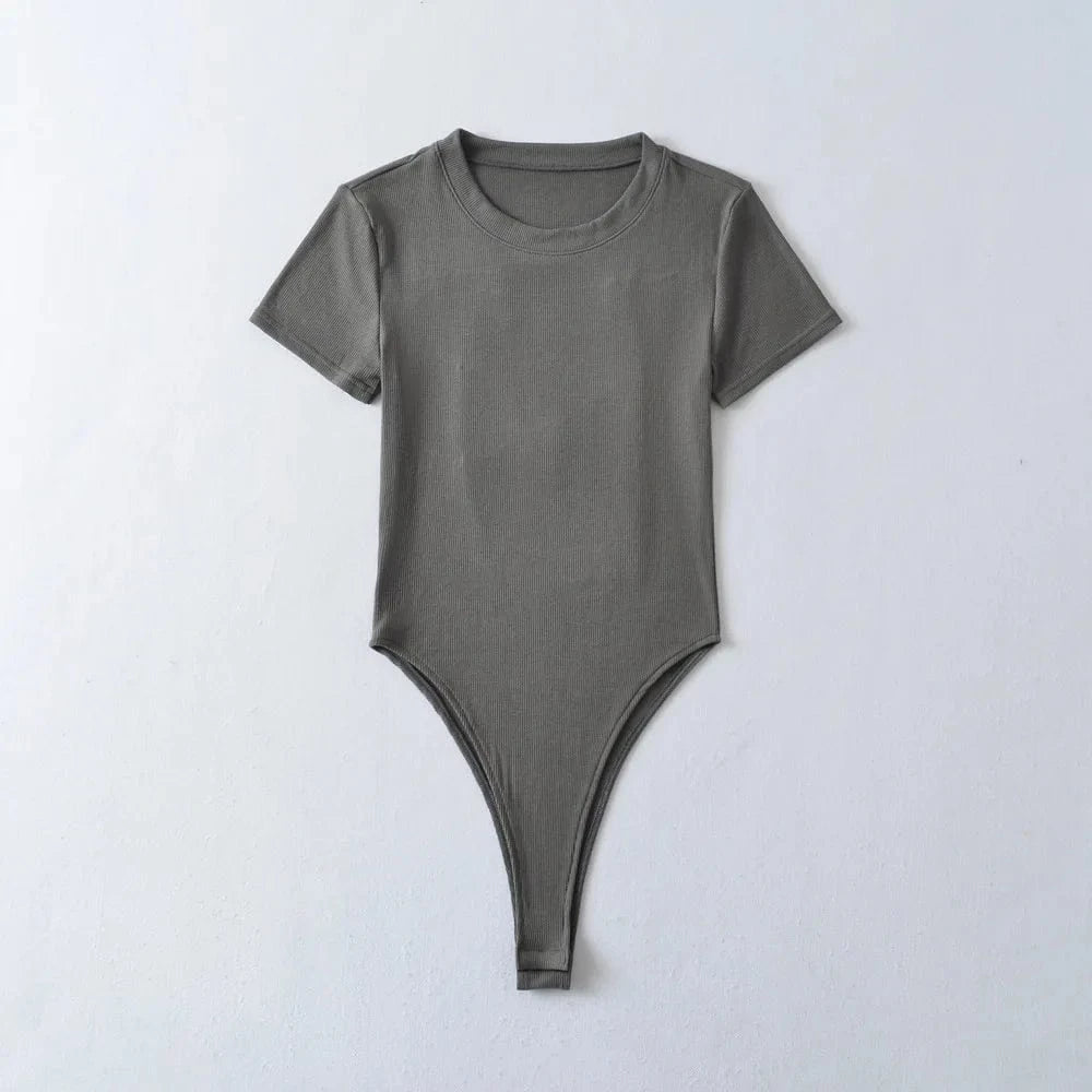M / Dark Gray LULU Basic Classic Cotton Elastic rib stretchy back hollow out crew neck short sleeve under shape wear bodysuits for women
