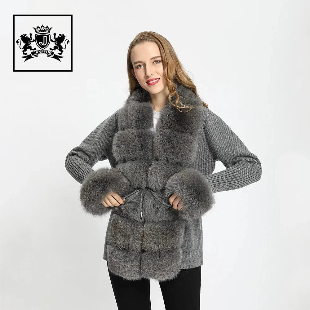 M / Dark Gray Wholesale Ladies Autumn Winter Knitted Fox Fur Trim Wool Fur Sweater