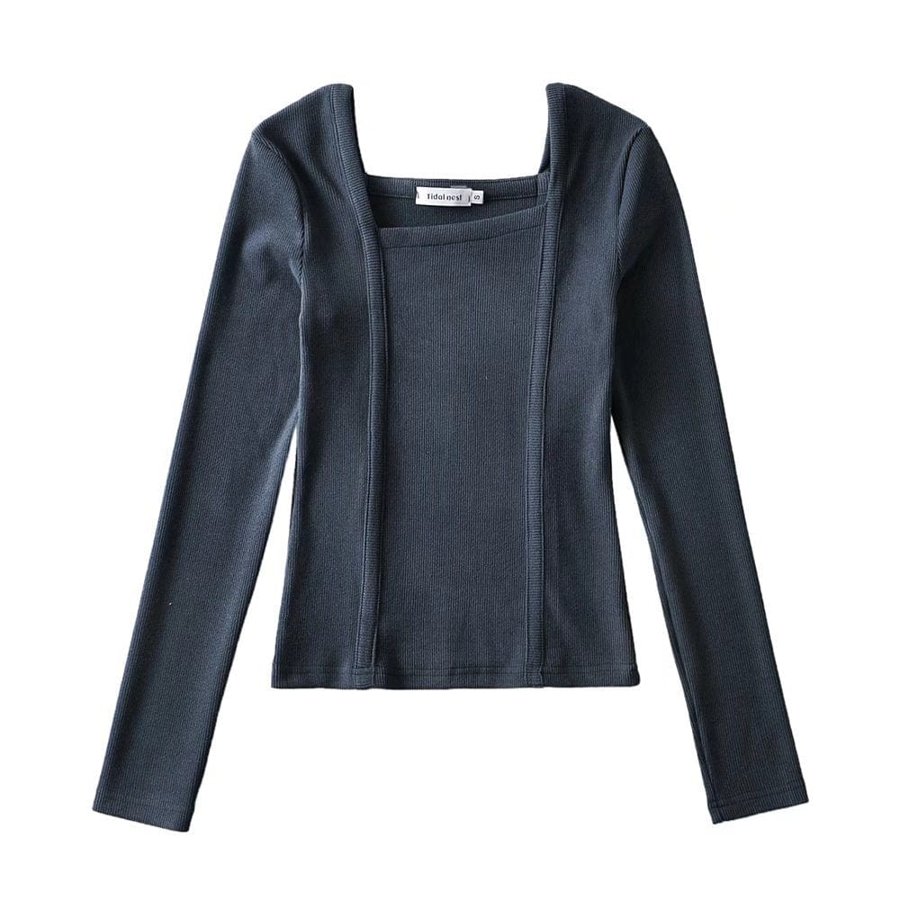 M / dark-grey R20122S Women's fashion solid color front pressure line asymmetric front collar bottoming top knitted shirt tops
