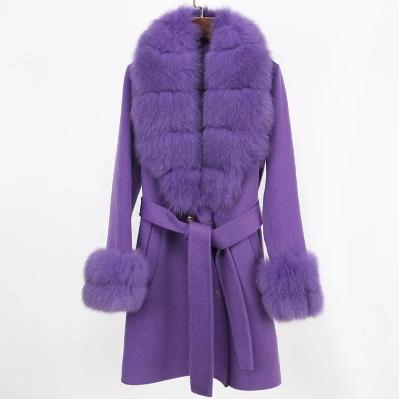 M / Deep Purple Cashmere Coat Women's Mid-Length 2023 Autumn And Winter New Fox Fur Collar Slim-Fit Woolen Coat