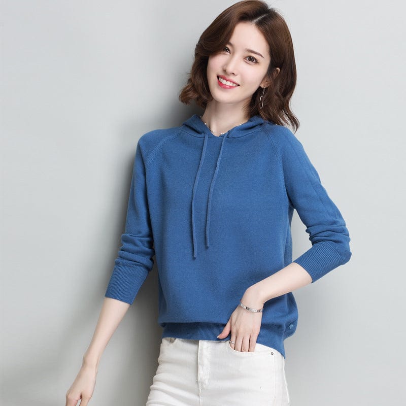 M / Denim Blue Spring New Hooded Sweater Women's Loose Casual Knitted Base Shirt Thin Coat