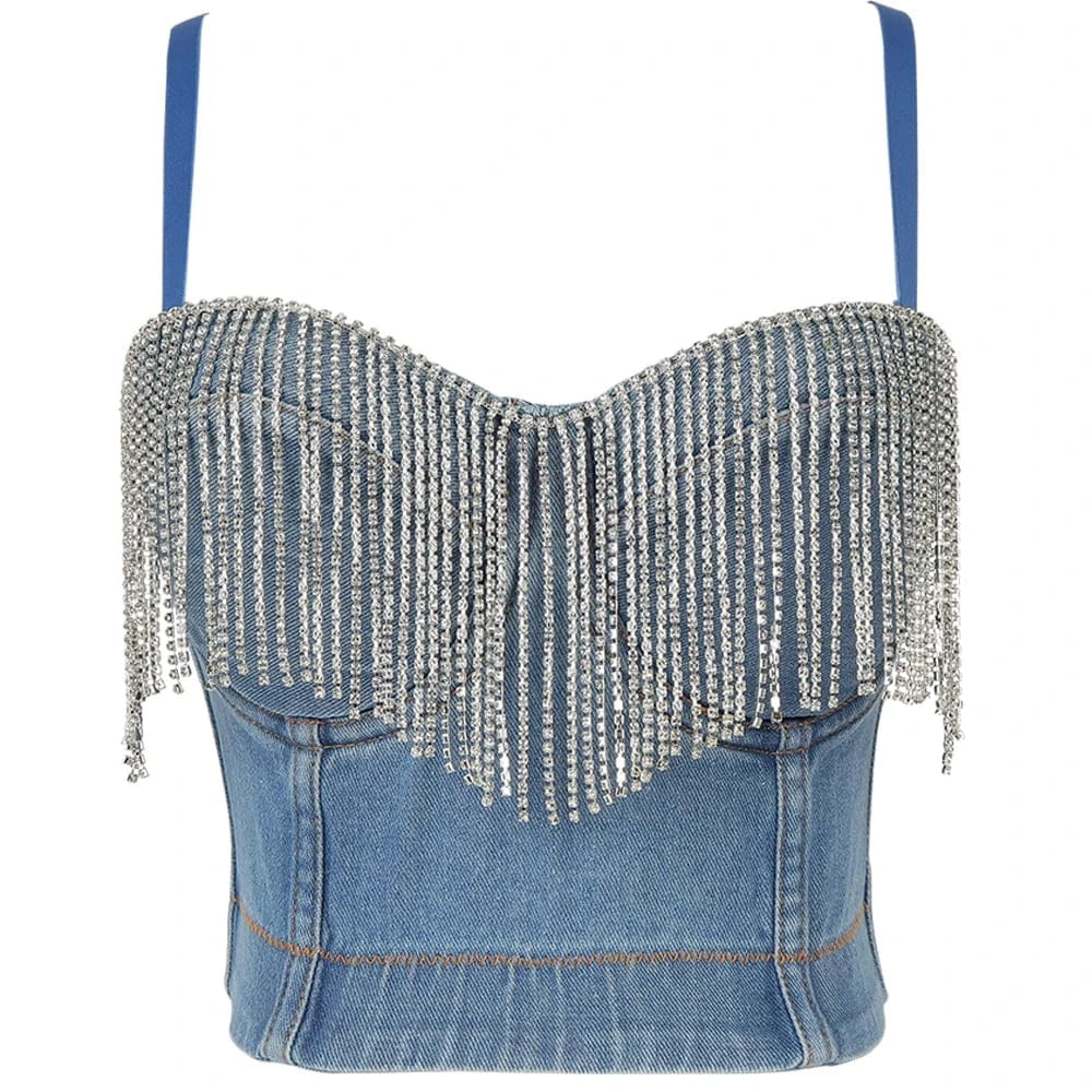 M / Denim Wholesale rhinestone Fringe top bustier women Vest corset bustier top
