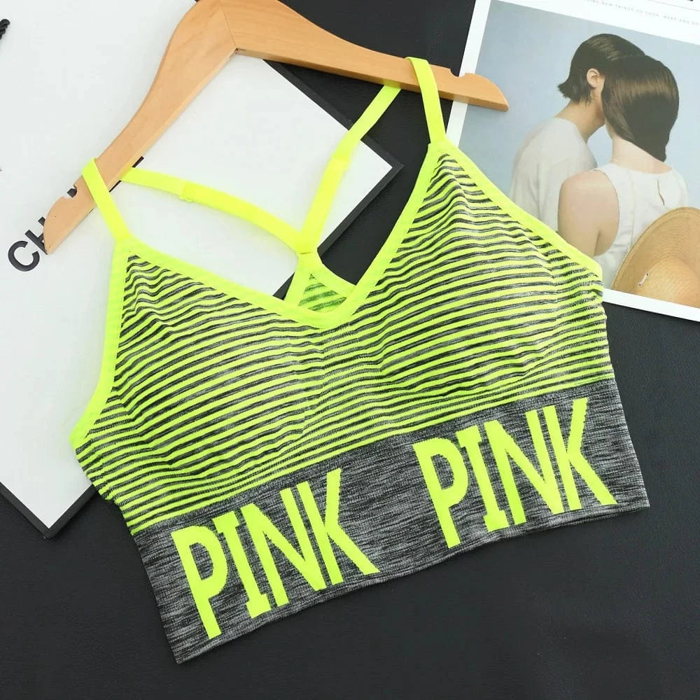 M / Fluorescent Green Horizontal Stripes Seamless Wireless Fit Sujetador Deportivo Fitness Gym Yoga Bra High Impact Sports Bras Crop Top For Womens