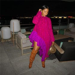 M / Fuchsia Fall Women Clothes Casual Plaid Irregular Loose Long Dress Shirt Dress