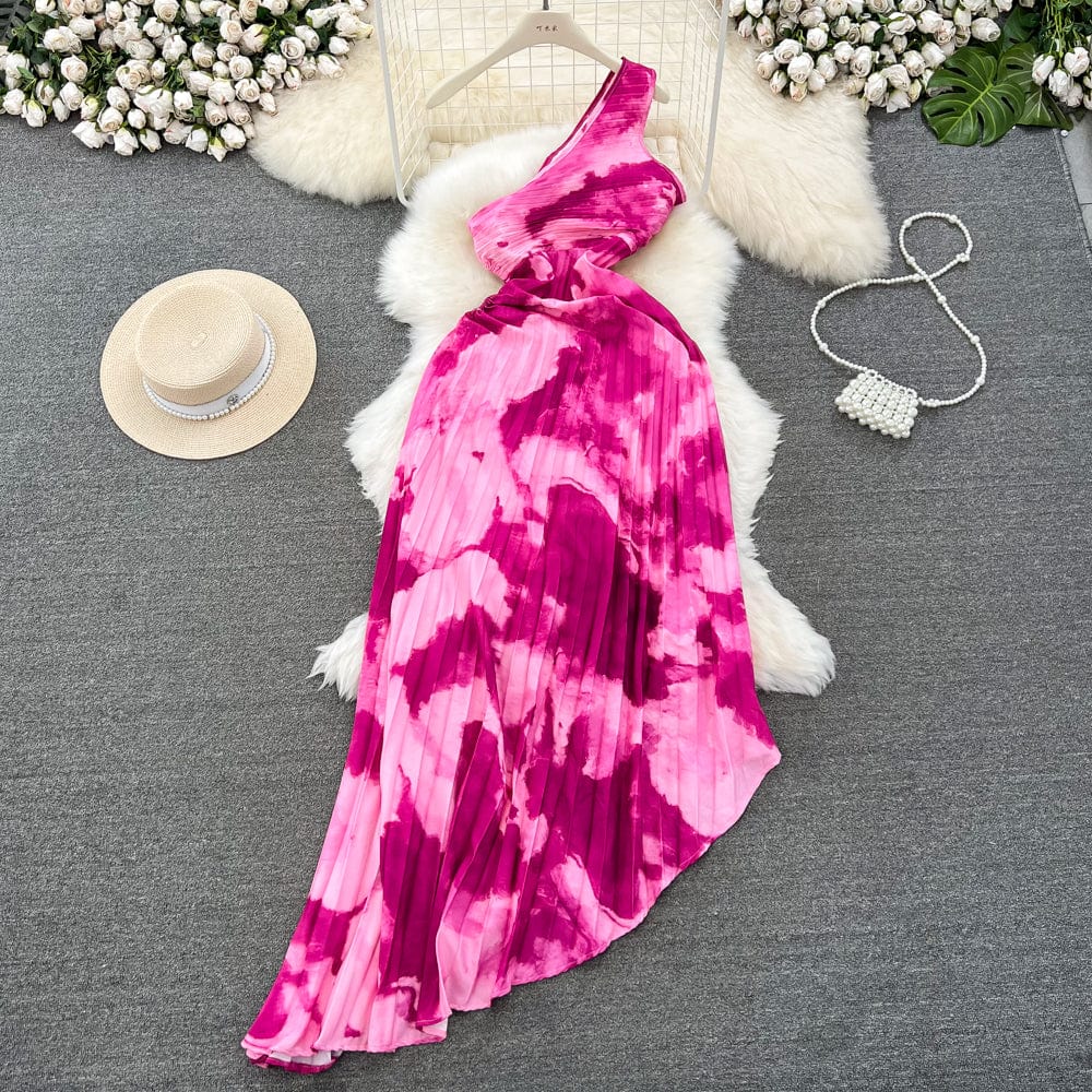M / Fuchsia New Summer Sleeveless Pleated Slant Neck Strapless a-line Irregular Printed Dresses