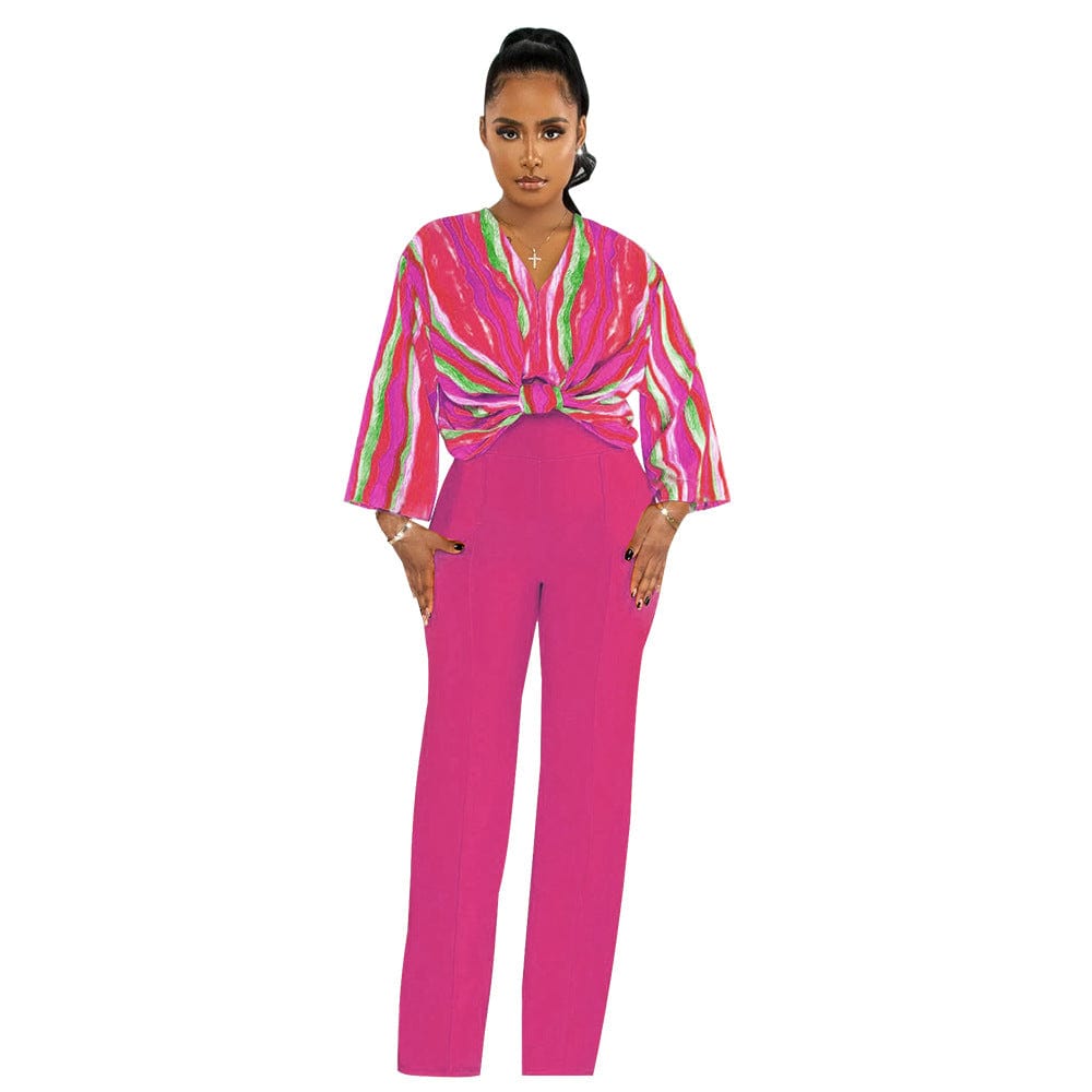 M / Fuchsia New women's suit V-neck printed top solid color straight trouser suit summer