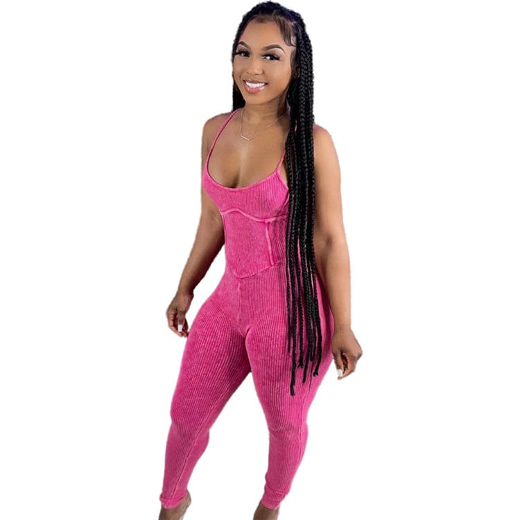 M / Fuchsia OSINA Hot Sale V Neck Autumn Spaghetti Strap  Solid Color Leather Women Bodycon Jumpsuits