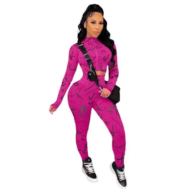 M / Fuchsia Women Outfits Women Outfit Round Neck Zipper Fashion Casual Printed Two Piece Pant Set