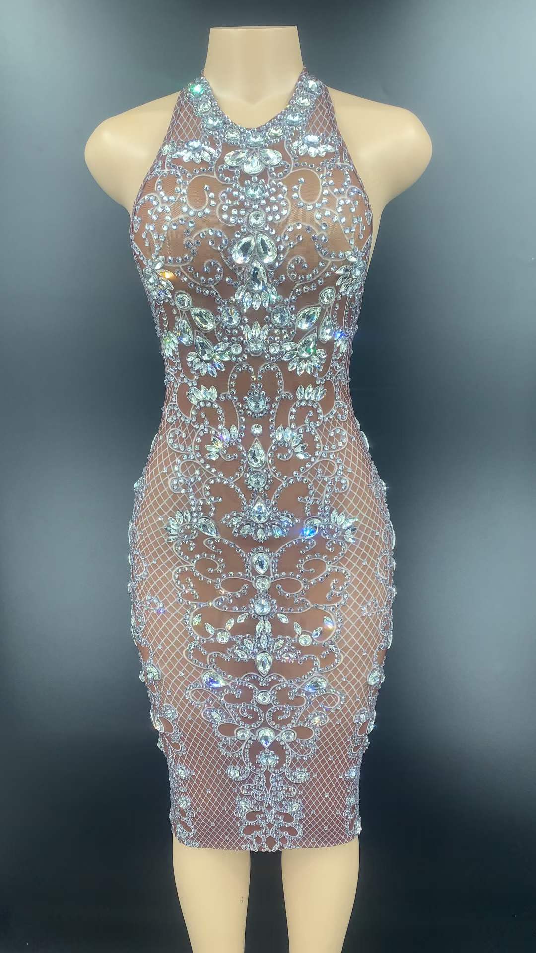 M / FX210812 Sparkly Rhinestone Shinny Sexy Backless Wrap Hip Slim Halter Mini Dress Nude Sexy Mesh See Through Club Night Dress Bodycon
