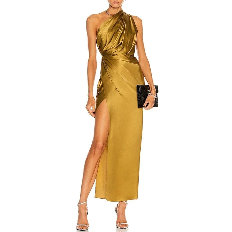 M / Gold CHICEVER Casual Elegant Diagonal Collar Sleeveless High Waist Split Slimming Dresses Women Long Dress