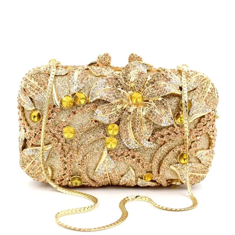 M / Gold Flower Luxury Evening Bling Purses Handbag Floral Crystal Clutch Purse Rhinestone Handmade Ladies Diamond Bag