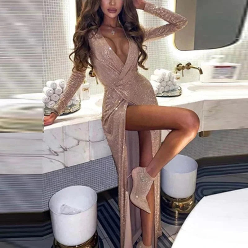 M / Gold High Slit Shiny Sequin Dress Women Sexy V Neck Robe Club Party Dress Spring Autumn Hollow Out Slim Long Draped Dresses
