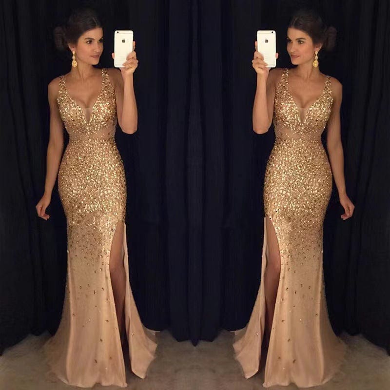 M / Golden Liu Ming High End Women Fashion 2023 Elegant Sequins Lace Dubai Saudi Arabic Prom Gowns Party Slit Evening Dress