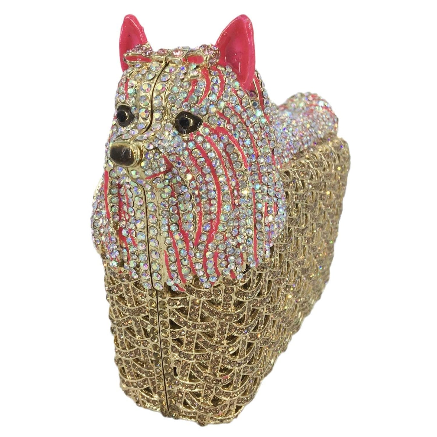 M / Golden Luxury Basket Dog Crystal Rhinestone Party Clutch Evening Bag Metal Frame Diamond Clutches Handbag Party Purse