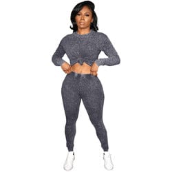 M / Gray 2023 New Arrived Fashion Knitting Long Sleeves Blank Jogging Set Solid Color 2 Piece Skinny Track Suits For Women