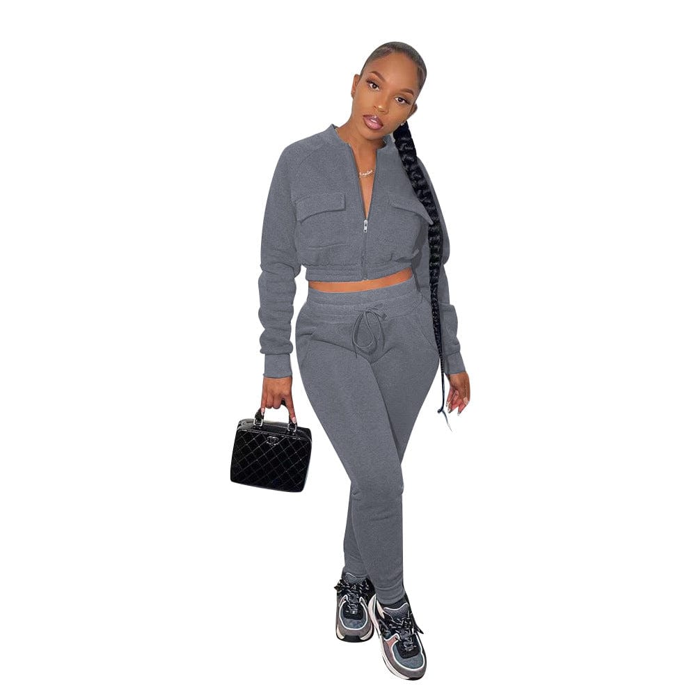 M / Gray C1101TA93 New Arrival Casual Solid Color Zipper Sport Two Piece Pants Set Women Sehe Fashion