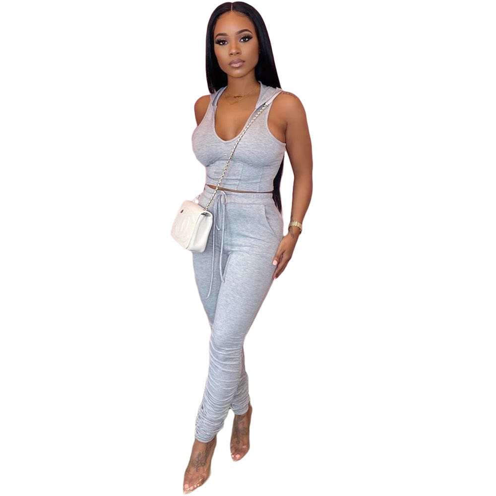 M / Gray Casual Hooded 2 Piece Crop Top Sweatsuit Women Sleeveless Stack Pants 2 Piece Set