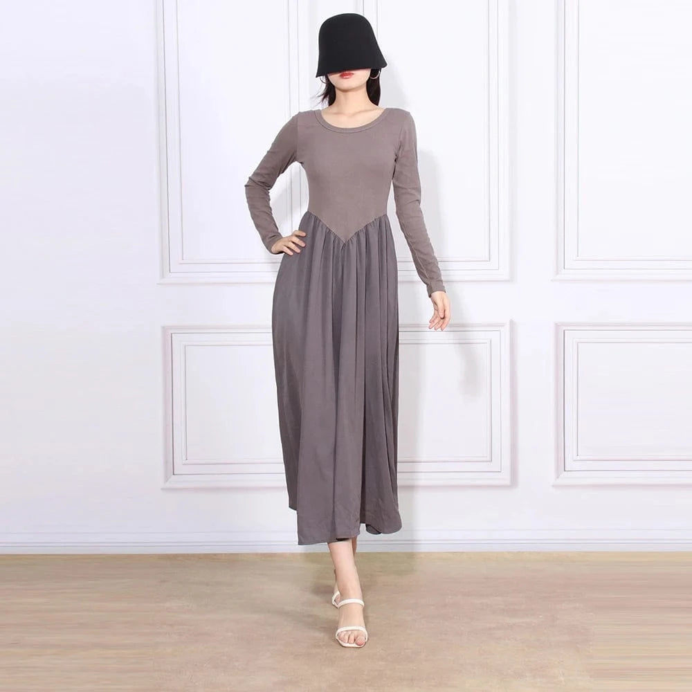 M / Gray CHICEVER Ladies Round Neck Long Sleeve High Waist Long Sleeves Dresses Woman Long Dress
