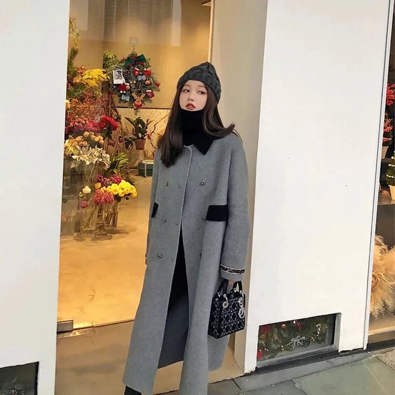 M / Gray Drop Shipping Double Faced Womens Wool Blends Long Cashmere Wool Coat