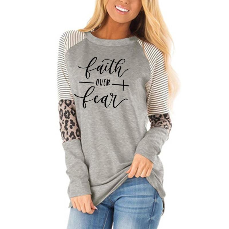 M / Gray faith Autumn Winter Leopard stitching long sleeves high quality hotsell women loose casual blouse oversized Women's T-Shirts