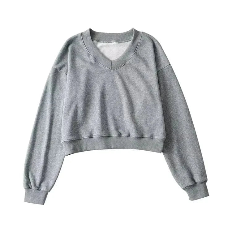 M / Gray High Quality Women's Hoodies & Pullover Cotton Fleece V neck long sleeve rib hem Crop Top Custom logo for women's hoodie