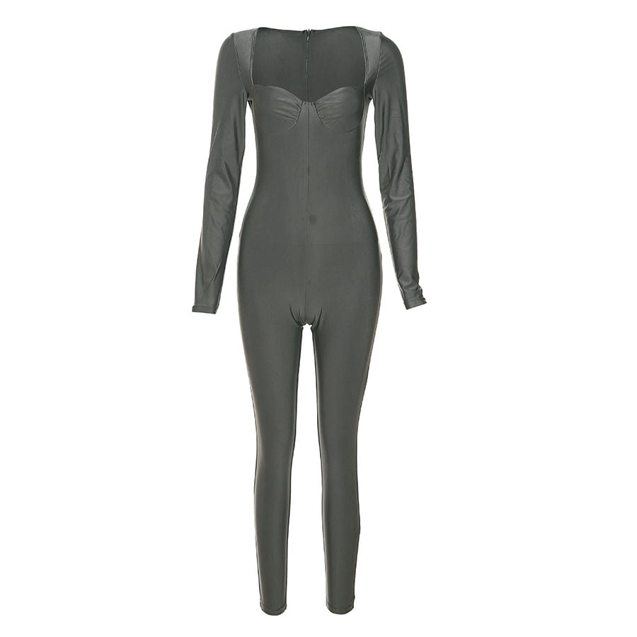 M / Gray Kliou K22Q22942 Casual fashion street new women's jumpsuit Long Sleeve square collar solid color tight stretch bodycon jumpsuit
