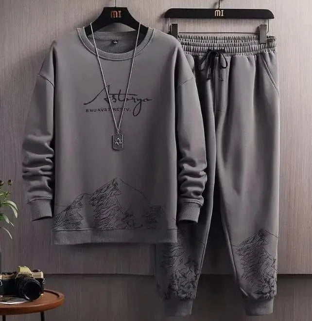 M / Gray M-5XL Men Youth Printed O-neck Sweatshirt Tops + Long Pants Trackauits Sportswear 2 Piece Set Spring Autumn Casual Suit