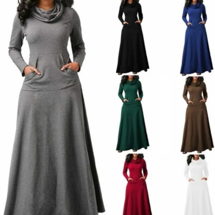 M / Gray New Popular Autumn Winter Fashion Casual Pocket Large Size Long Sleeve Solid Color Long Dress 2023