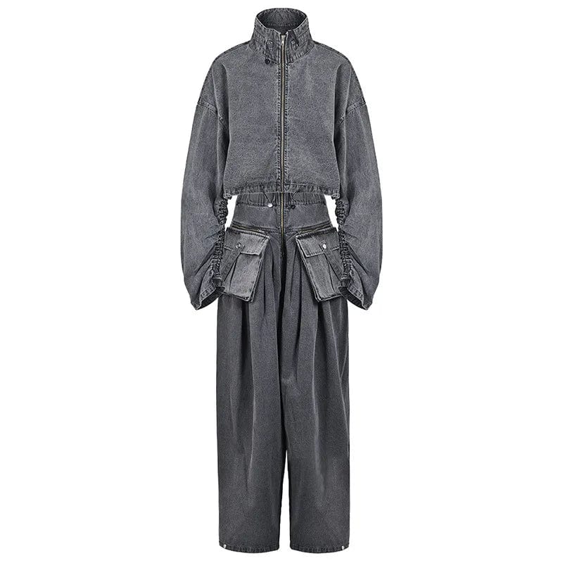 M / Gray OUDINA Fashionable Denim Jacket Set Vintage High Waist Women Jean Pants Stand Neck Two Piece Set