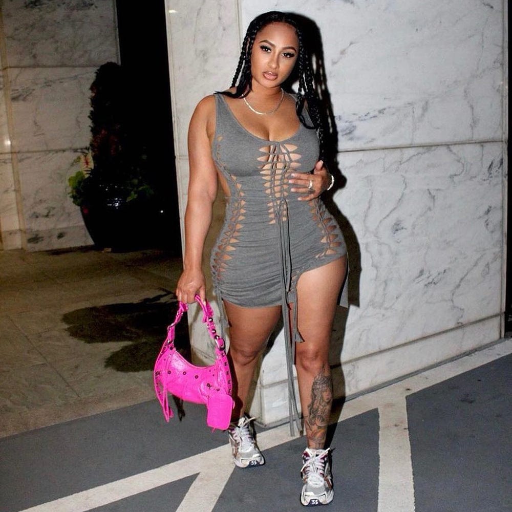 M / Gray OUDINA New Wrap Chest Zipper Stitching Short Bodycon Wash Jean Dresses Denim Dress Women