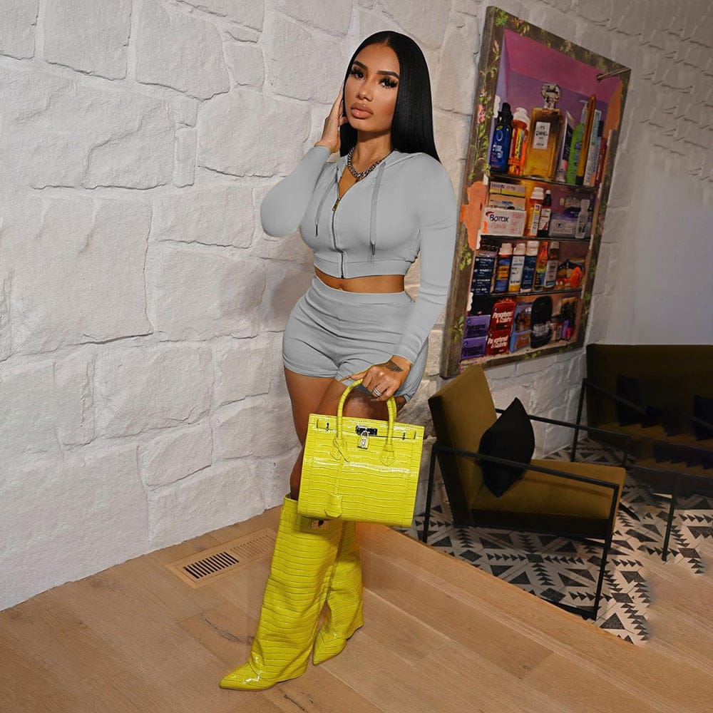 M / Gray Shareee Clothing 2 Pieces Hoodie Crop Top Sweat Shorts Sets Stretchable Two Piece Set Summer Clothes For Women