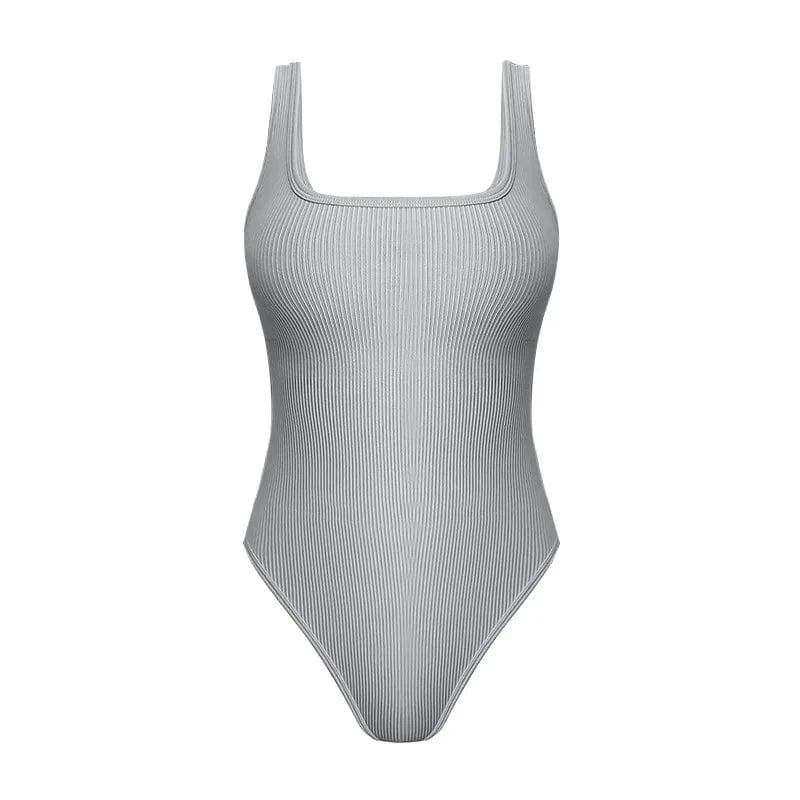 M / Gray Wholesale female yoga seamless workout bodysuits for women sexy sleeveless slimming spandex ribbed women bodysuits