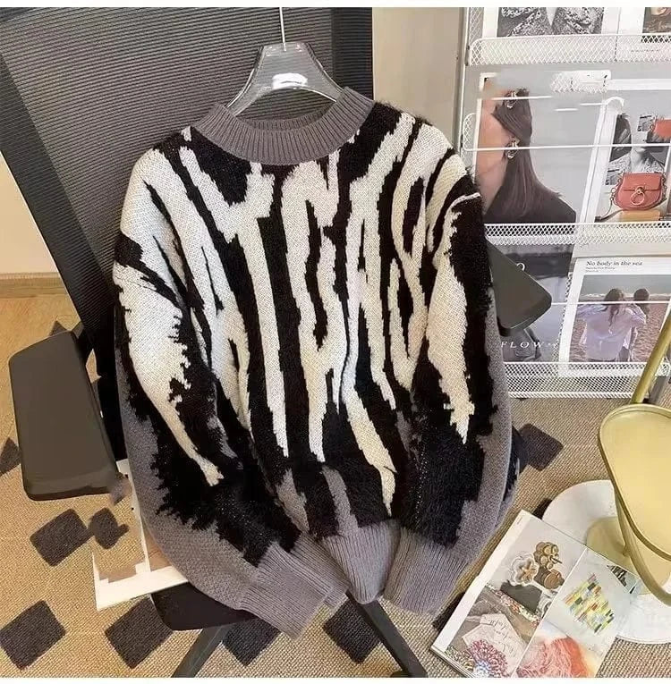 M / Gray Winter Harajuku Women's Sweater Loose Pullovers Ladies Zebra Chic Knitted Sweaters