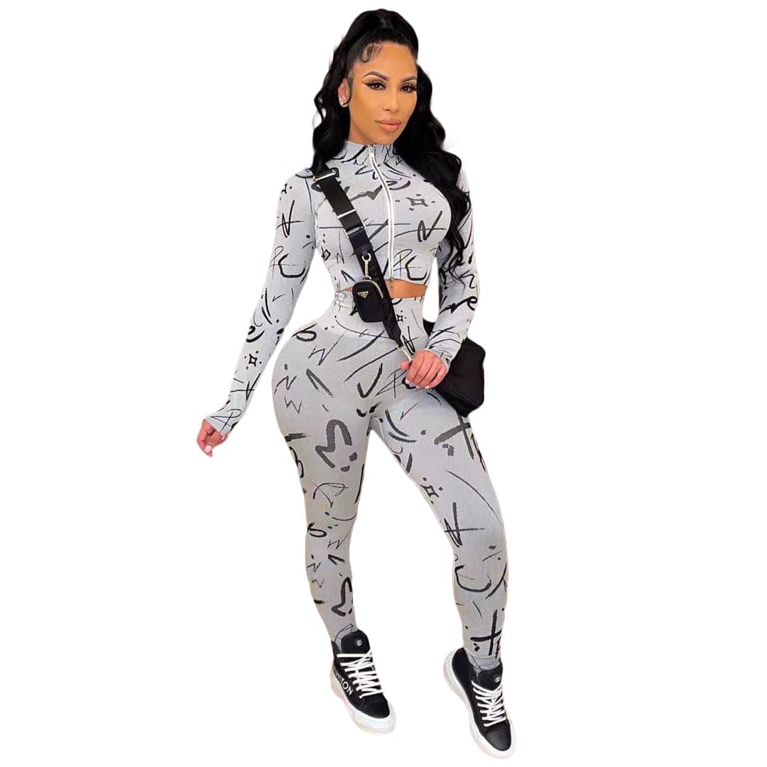 M / Gray Women Outfits Women Outfit Round Neck Zipper Fashion Casual Printed Two Piece Pant Set