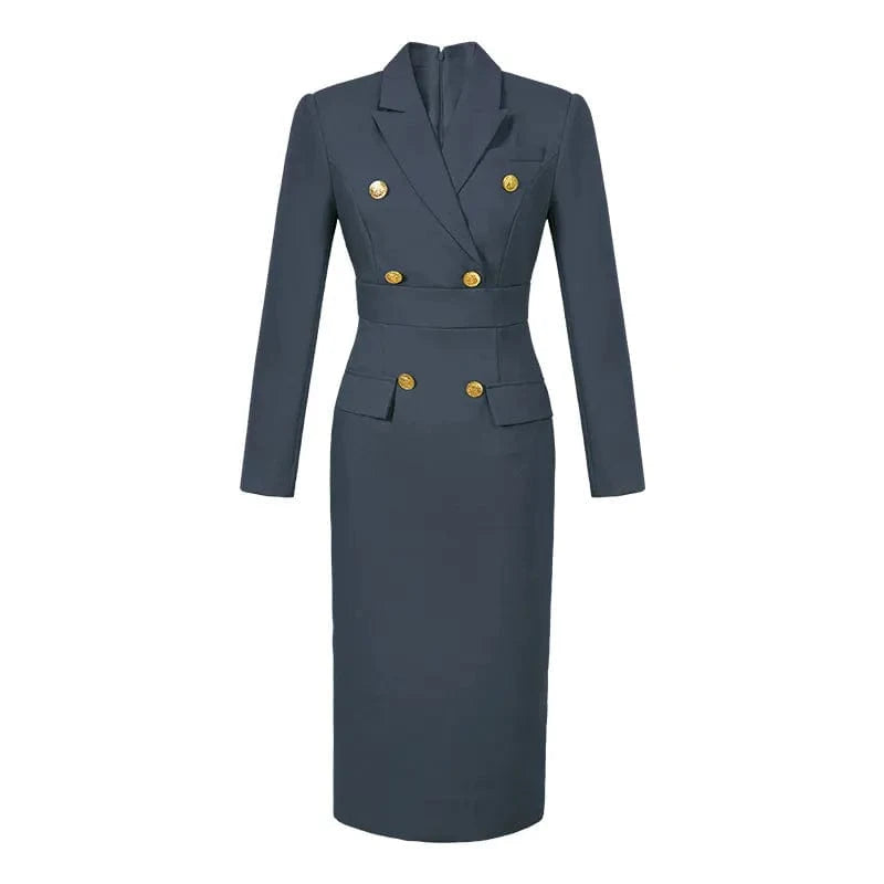M / Gray ZYHT 50562 Lapel Collar Double-breasted Business Blazer Work Dress Classic Gray Casual Dresses for Office Ladies