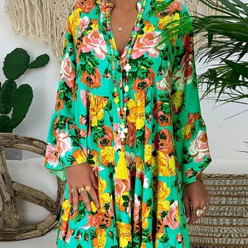 M / green 2023 Europe And America Southeast Asia New Casual Fashion Print Long Sleeve Large Size Women's Dress