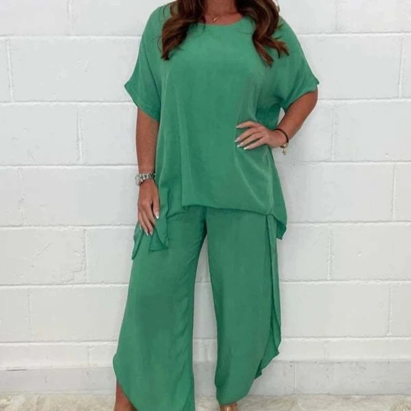 M / green 2023 New Lightweight Breathable Loose Women 2 Piece Short Sleeve T-shirts Wide Leg Pants Set
