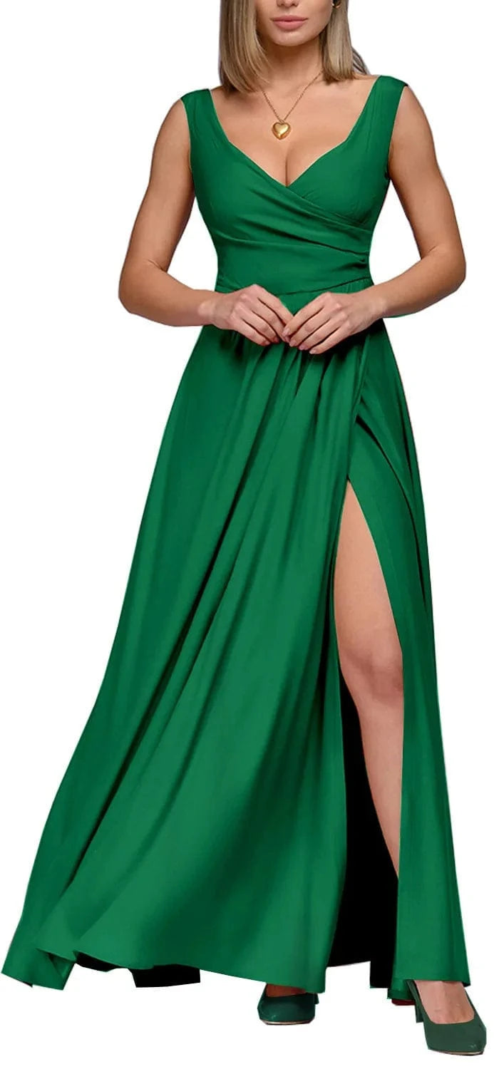 M / green 2023 Summer Fashion Women's Clothing Solid Color Sleeveless V-neck Dress Temperament Sexy Women's Casual Split Dress