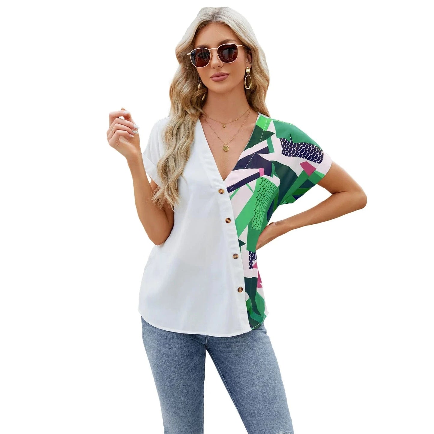 M / green 2024 Autumn/Summer New Fashion V-neck Geometric Print Raglan Loose Chiffon Short sleeved Shirt Women's Top