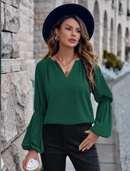 M / green 2024 Autumn Winter Women Shirts Tops Solid Color V-Neck Women's Lace Ruffle Long Sleeve Fashion Loose Casual Blouse