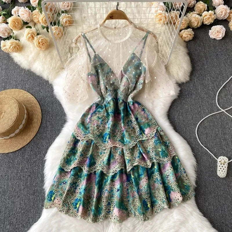 M / green 2024 false two pieces of mesh patchwork suspender short dress