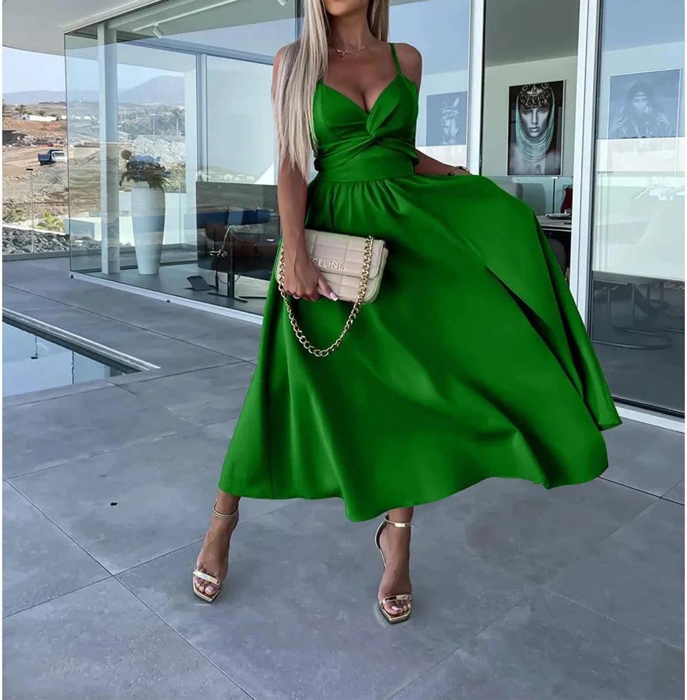 M / green 2024 Hot Sale Elegant Dress New Women's Suspender V-neck Large Swing Dress Close-fitting Backless Mid-length Dress