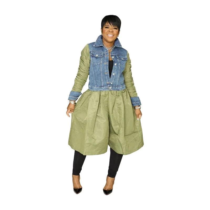 M / green 2024 spring ladies women elegant casual denim jeans patchwork long sleeve maxi long loose design fitting midi dress for women