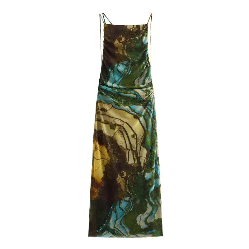 M / green 2024 Spring New European and American Style Chic Spaghetti Strap Printed Silk Mesh Slim Fit Long Dress